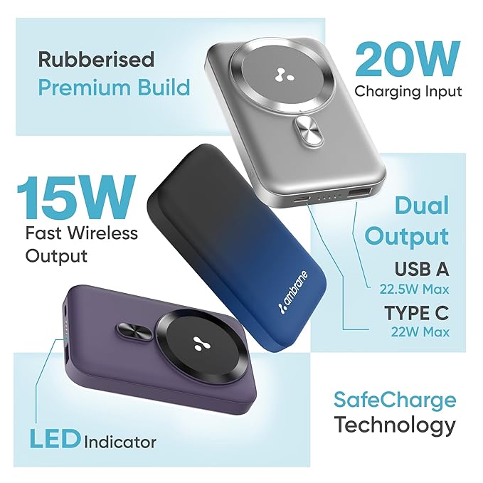 Ambrane Magsafe Wireless 10000Mah Fast Charging USB Type-C Input Power Bank