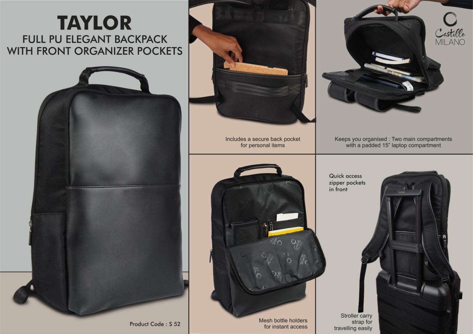 Taylor: Full PU Elegant Backpack With Front Organizer And Hidden